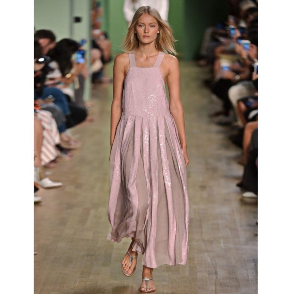 Tibi Eclair Sequin Beading Halter Dress light pink rose  Size 8 Runway $1250